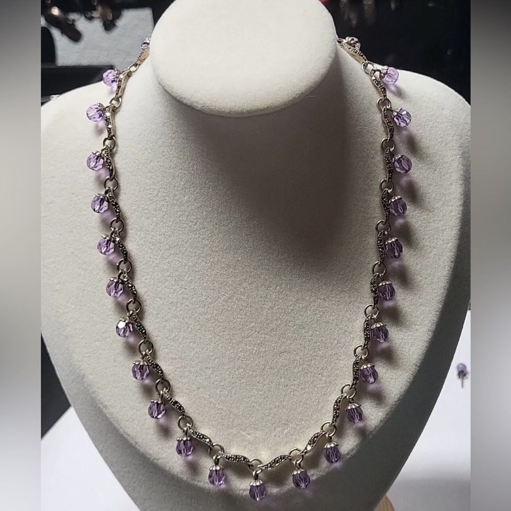 Vintage Sterling Silver Marcasite Link Amethyst Dangel Design Necklace Rare 16in